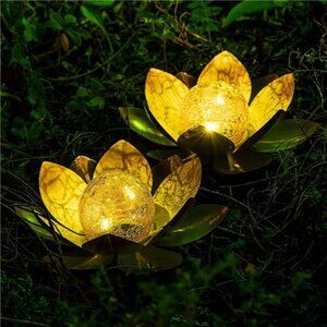 Garden Solar Lights Outdoor(2Pack) , Amber Crackle Globe Glass Lotus Decoration